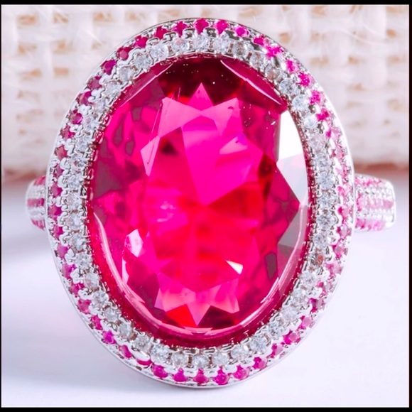 🌹HostPick🌹18+ carat HUGE Pink Ruby & Sim Diamond Ring Sterling Silver NEW. - Picture 3 of 11